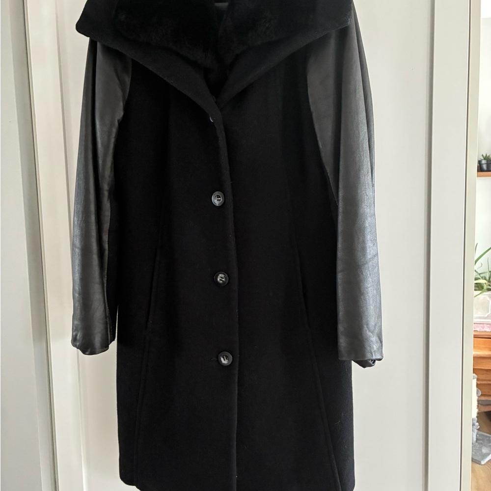 Black Wool coat  with Leather Sleeves Jacket